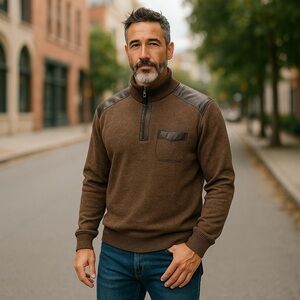 Thomas Payne Brown with Leather Patches Zip Up Sweater with‎ High Collar